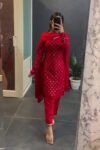Embroidered Red Mirror Work Kurta Set with Churidar Pants & Matching Dupatta