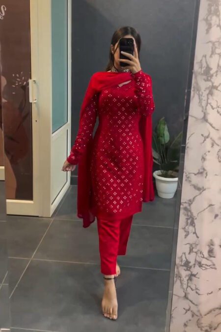 Embroidered Red Mirror Work Kurta Set with Churidar Pants & Matching Dupatta