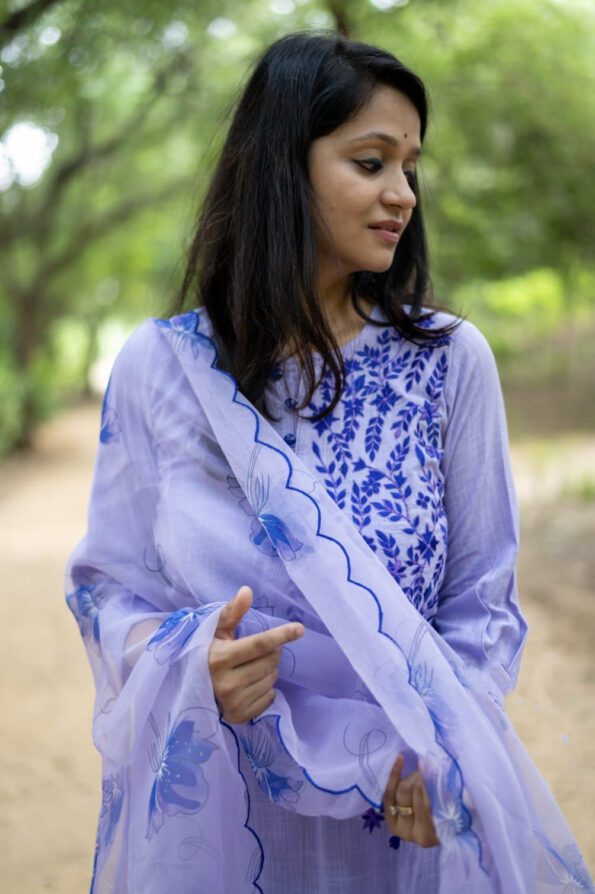 Lavender Chikankari-Style Kurta Set with Floral Embroidered Dupatta