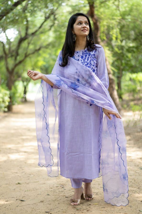 Lavender Chikankari-Style Kurta Set with Floral Embroidered Dupatta