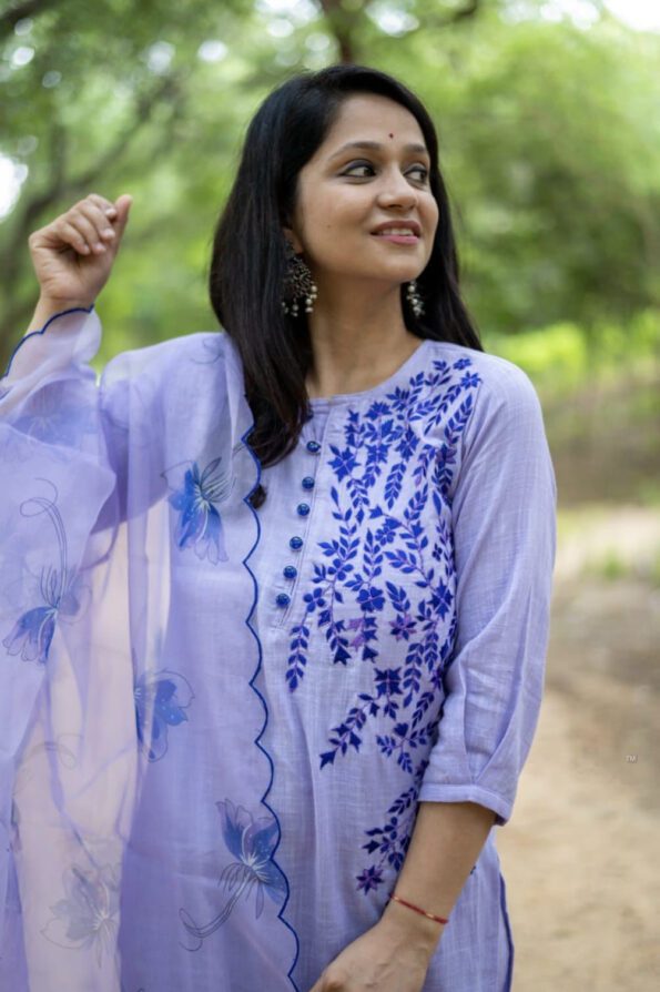Lavender Chikankari-Style Kurta Set with Floral Embroidered Dupatta