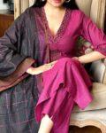 Magenta Embroidered Kurta Set with Black Dupatta