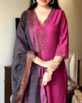 Magenta Embroidered Kurta Set with Black Dupatta