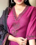 Magenta Embroidered Kurta Set with Black Dupatta
