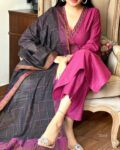 Magenta Embroidered Kurta Set with Black Dupatta