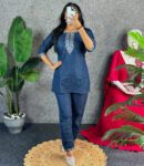 Denim Look Cotton Kurta Pant Set with Floral Embroidery