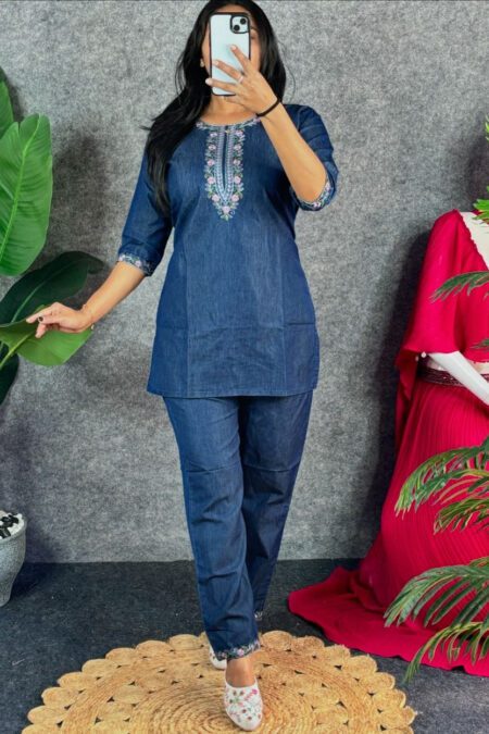 Denim Look Cotton Kurta Pant Set with Floral Embroidery