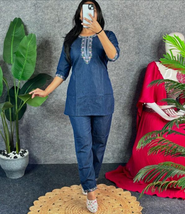 Denim Look Cotton Kurta Pant Set with Floral Embroidery