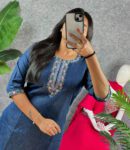 Denim Look Cotton Kurta Pant Set with Floral Embroidery