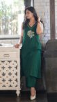 Emerald Green Sleeveless Cotton Co-ord Set with Floral Embroidery