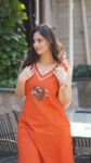 Rust Orange Sleeveless Cotton Kurta Set with Floral Embroidery