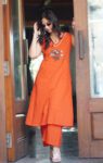 Rust Orange Sleeveless Cotton Kurta Set with Floral Embroidery