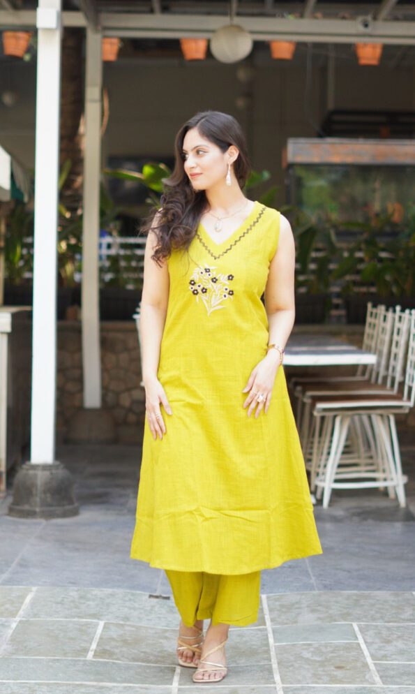 Lime Yellow Sleeveless Kurta Set with Floral Embroidery