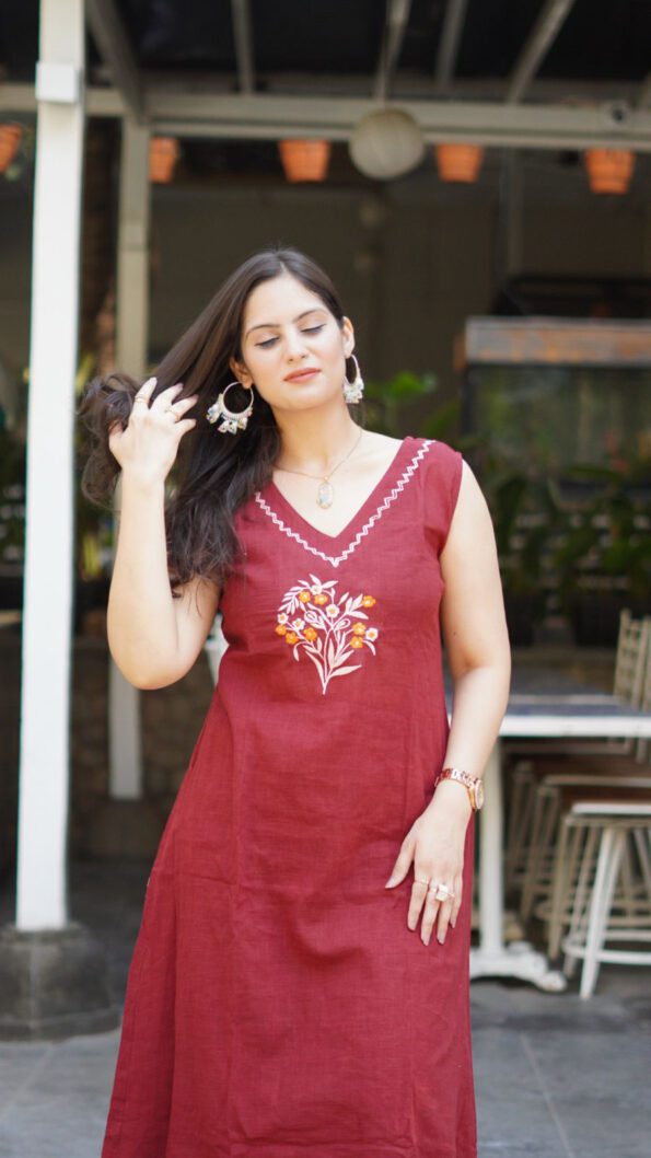 Maroon Cotton Co-ord Set with Embroidered Floral Motif