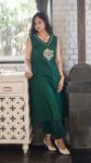 Emerald Green Sleeveless Cotton Co-ord Set with Floral Embroidery