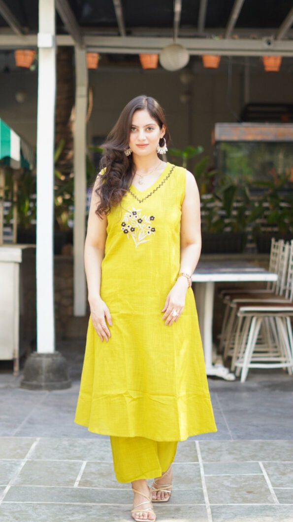 Lime Yellow Sleeveless Kurta Set with Floral Embroidery