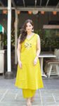 Lime Yellow Sleeveless Kurta Set with Floral Embroidery