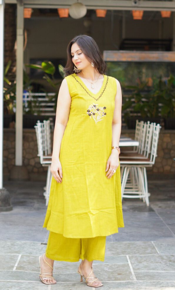 Lime Yellow Sleeveless Kurta Set with Floral Embroidery