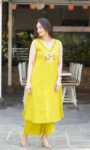 Lime Yellow Sleeveless Kurta Set with Floral Embroidery