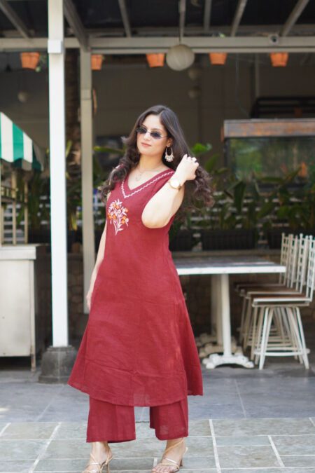 Maroon Cotton Co-ord Set with Embroidered Floral Motif