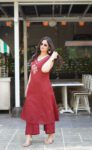 Maroon Cotton Co-ord Set with Embroidered Floral Motif