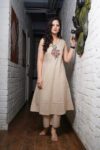 Beige Sleeveless Embroidered Kurta Set