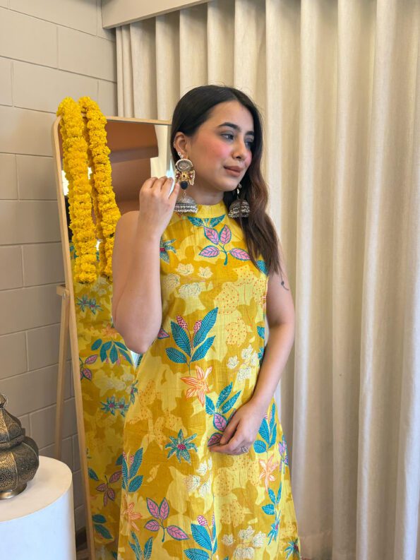 Yellow Floral Embroidered High Neck Kurta Set