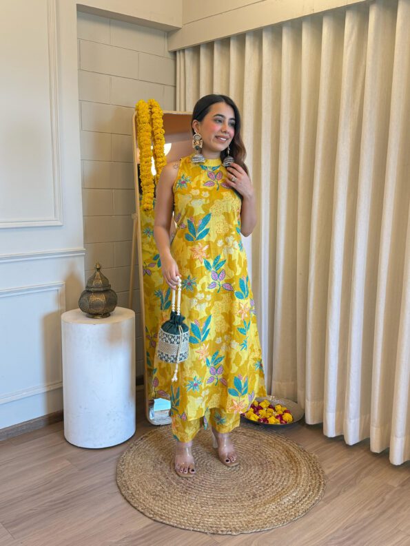Yellow Floral Embroidered High Neck Kurta Set