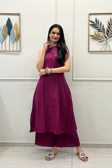 Wine Purple Sleeveless Mirror Work Kurta Set