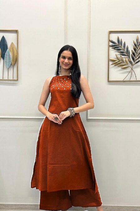 Burnt Orange Sleeveless Mirror Work Kurta Set