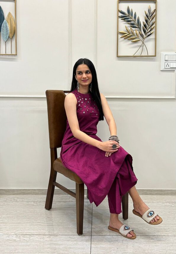 Wine Purple Sleeveless Mirror Work Kurta Set