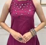 Wine Purple Sleeveless Mirror Work Kurta Set