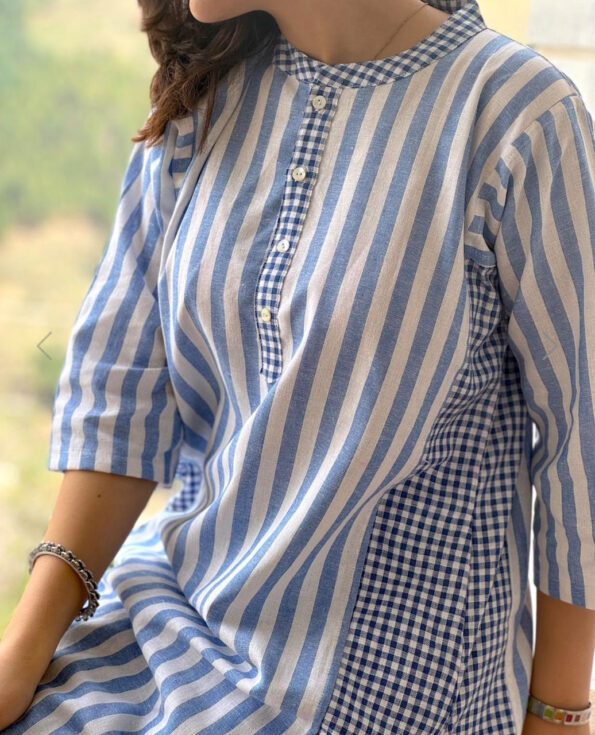 Blue & White Striped Cotton Kurta Set with Gingham Check Pants – Casual Chic Everyday Wear