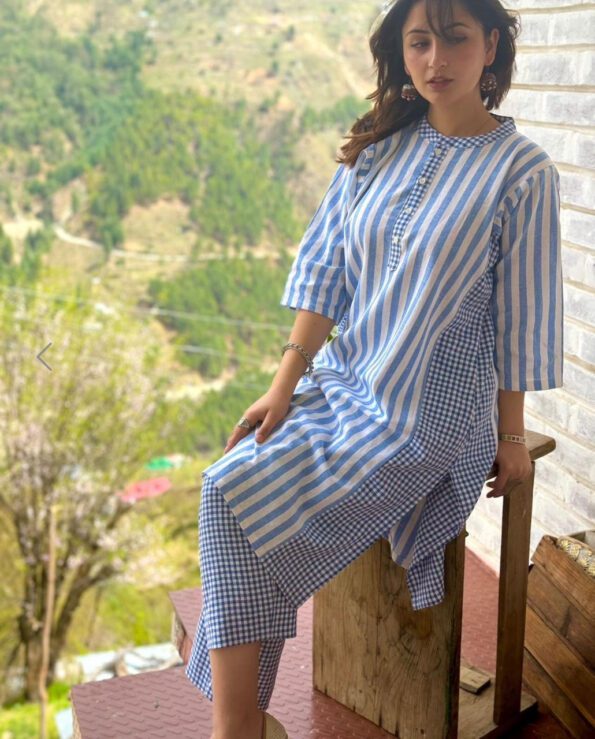 Blue & White Striped Cotton Kurta Set with Gingham Check Pants – Casual Chic Everyday Wear