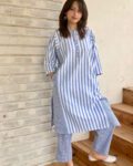 Blue & White Striped Cotton Kurta Set with Gingham Check Pants