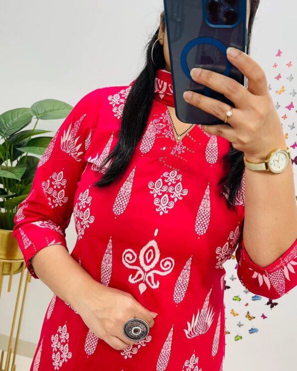 Red Cotton Kurta Set with White Traditional Print & Dupatta
