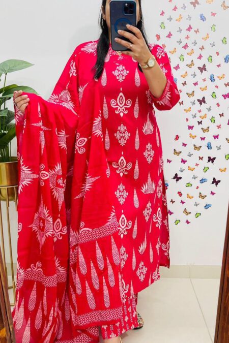 Red Cotton Kurta Set with White Traditional Print & Dupatta