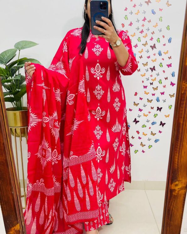 Red Cotton Kurta Set with White Traditional Print & Dupatta