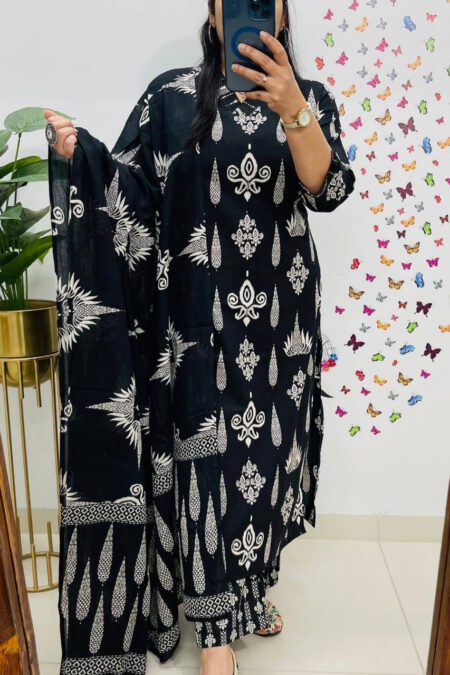 Black Printed Cotton Kurta Set with Dupatta