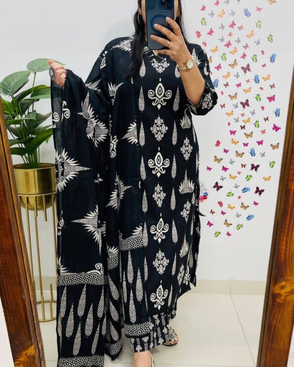 Black Printed Cotton Kurta Set with Dupatta