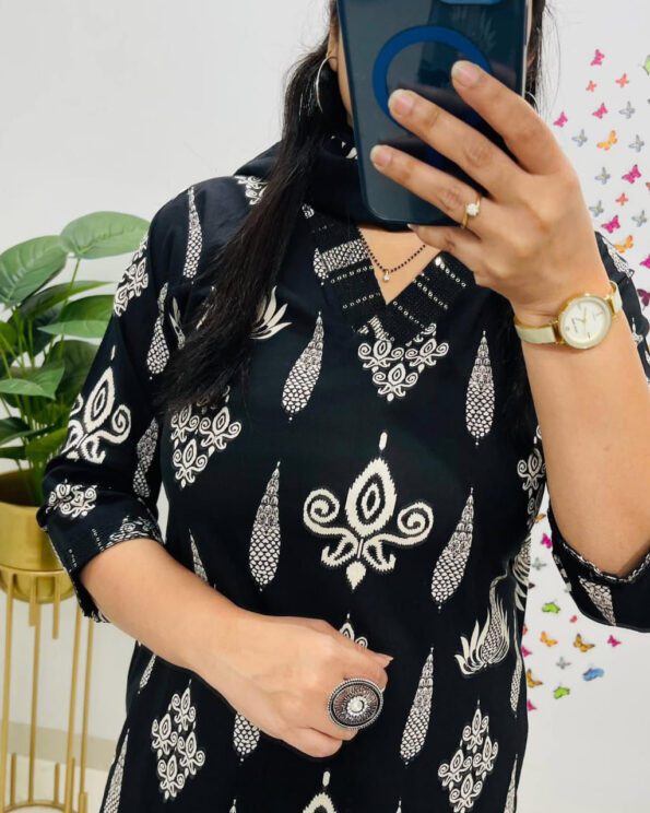 Black Printed Cotton Kurta Set with Dupatta