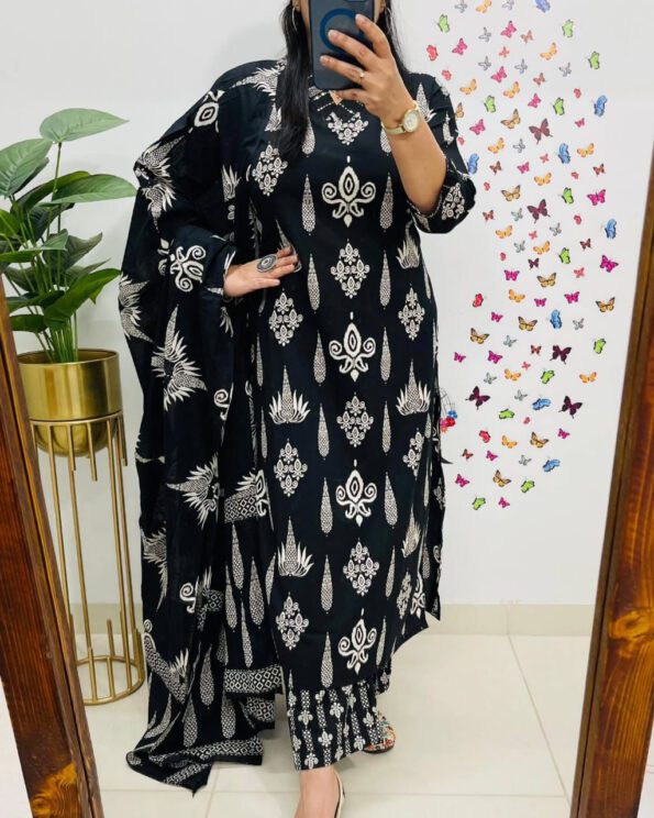 Black Printed Cotton Kurta Set with Dupatta