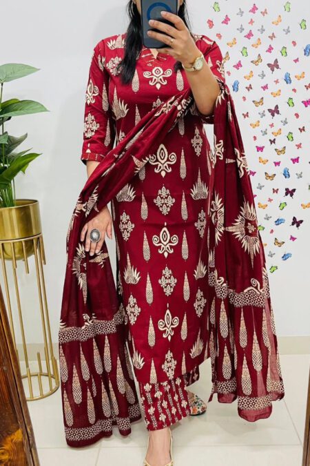 Maroon Printed Cotton Kurta Set with Dupatta