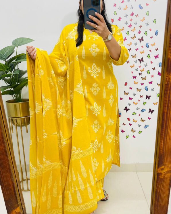 Yellow Printed Cotton Kurta Set with Dupatta