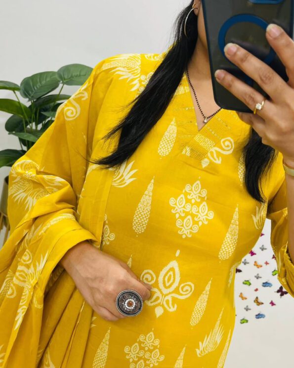 Yellow Printed Cotton Kurta Set with Dupatta
