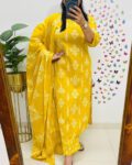 Yellow Printed Cotton Kurta Set with Dupatta