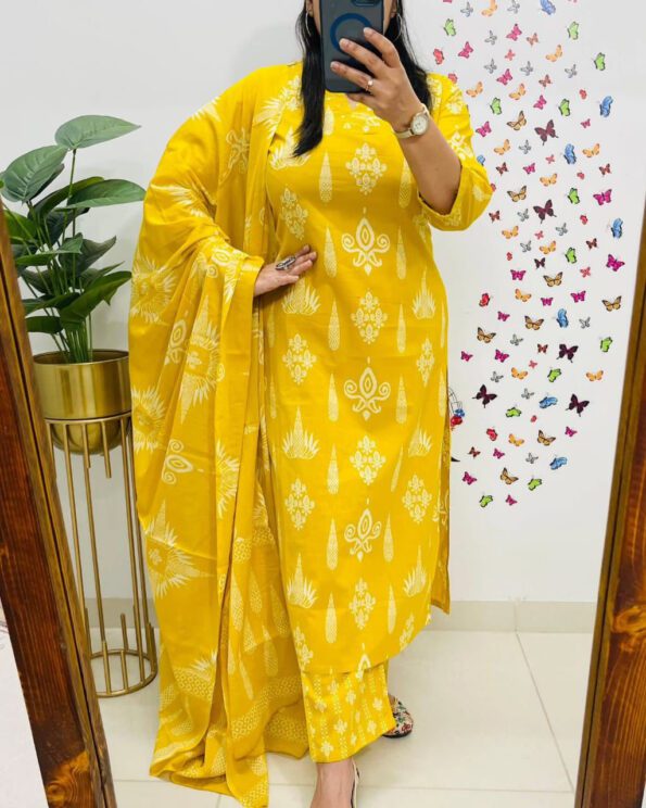 Yellow Printed Cotton Kurta Set with Dupatta