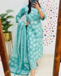 Aqua Blue Floral Printed Cotton Kurta Set with Dupatta