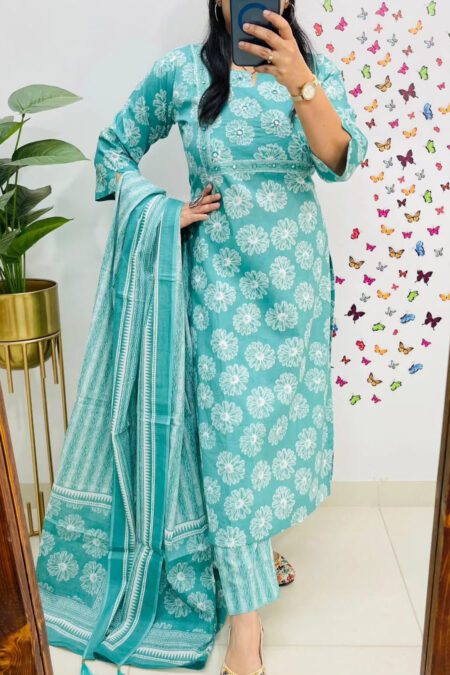 Aqua Blue Floral Printed Cotton Kurta Set with Dupatta