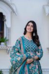 Teal Floral Printed Anarkali Kurta Set with Dupatta
